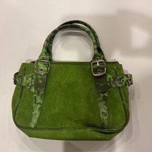 DKNY Vintage Green suede handbag with embossed snakeskin handles.
